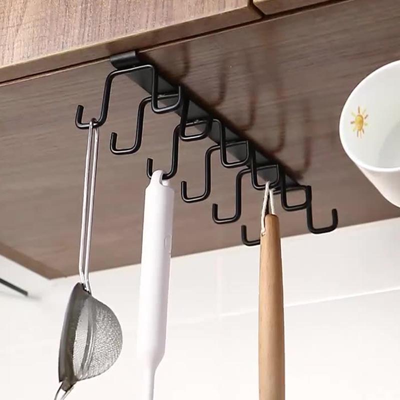 Punch-free Double-row Hooks Kitchen Under Cupboard Shelf Mug Cup Hanger Hook Iron Hanging Rack Holder Kitchen Cabinet Organizer Cup Holders 5