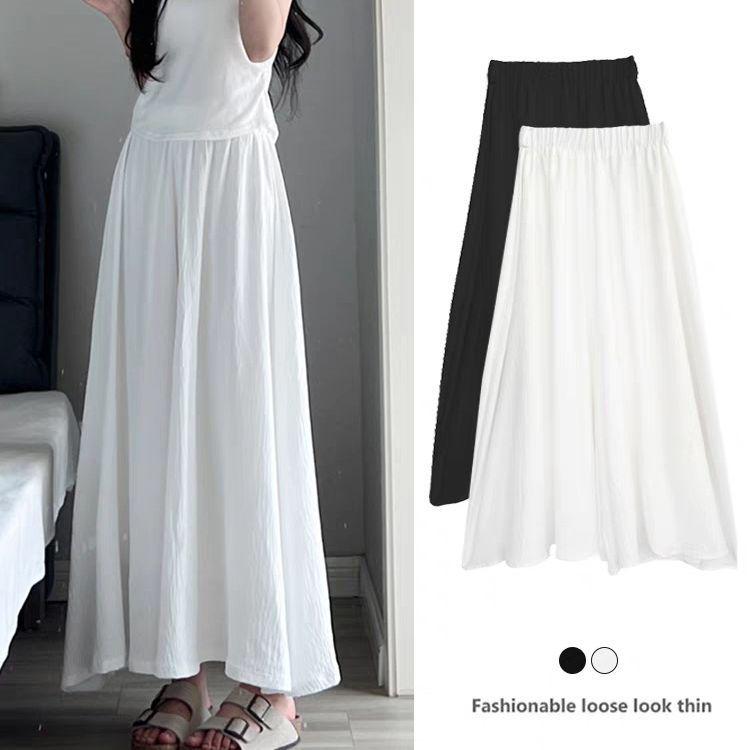 Ice Silk Off-White Pleated Culottes: Women's High-Waisted A-Line Midi Skirt