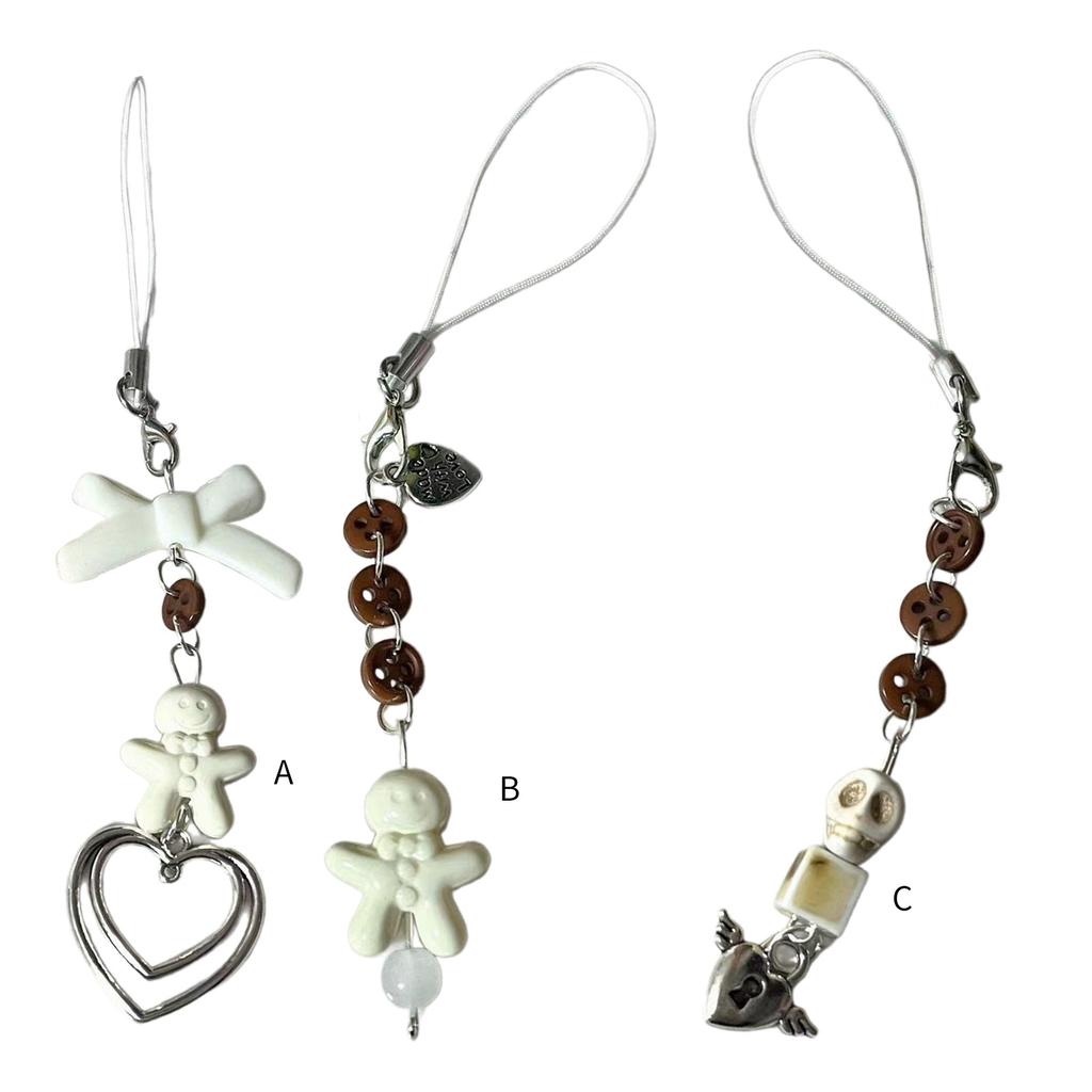 Simple Button Beaded Heart Charm Pendant Chain Phone Strap Pocket Keychain Strap Hangings Decoration for Key Bag Purse