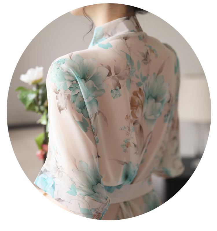 Set Sexy Kimono de Noapte din Șifon Imprimat - Lenjerie Transparentă de Inspirație Japoneză