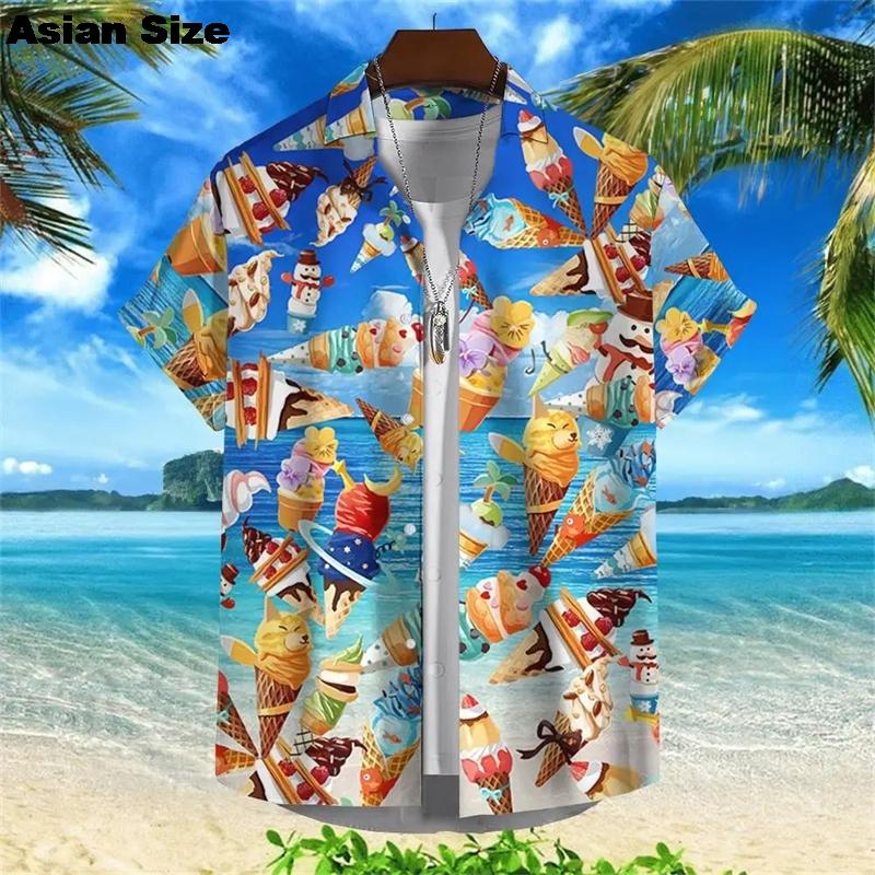 Hawaiian Shirt For Men Summer Cold Ice Cream Short Sleeve Shirt Tops Casual Popsicle Blouses Icecream Female Button Clothes