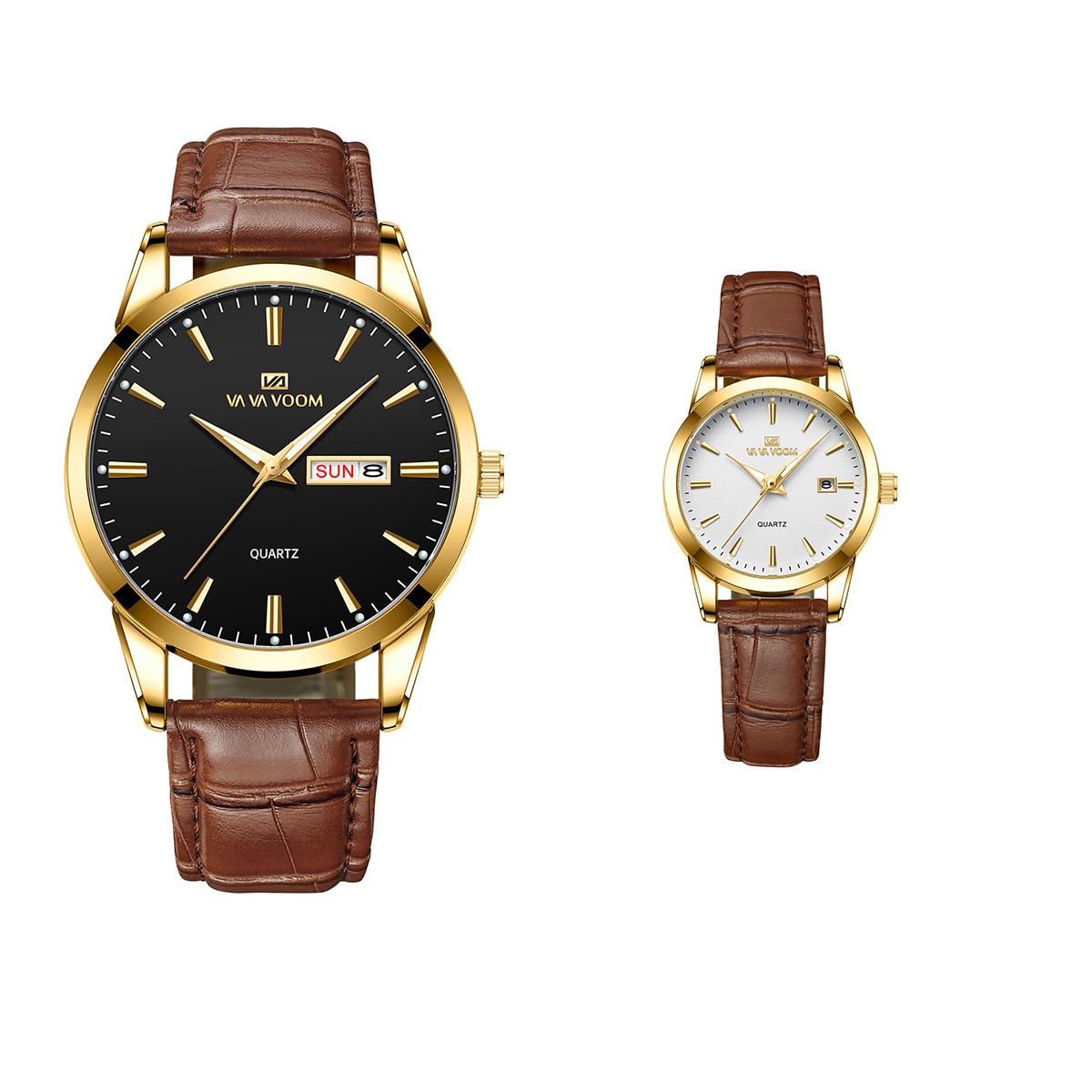 

VA VA VOOM Couples Quartz Watches Top Men s Quartz Watches Business Watch Leather Strap Fashion Style Classic Double Calendar Women Quartz Watch