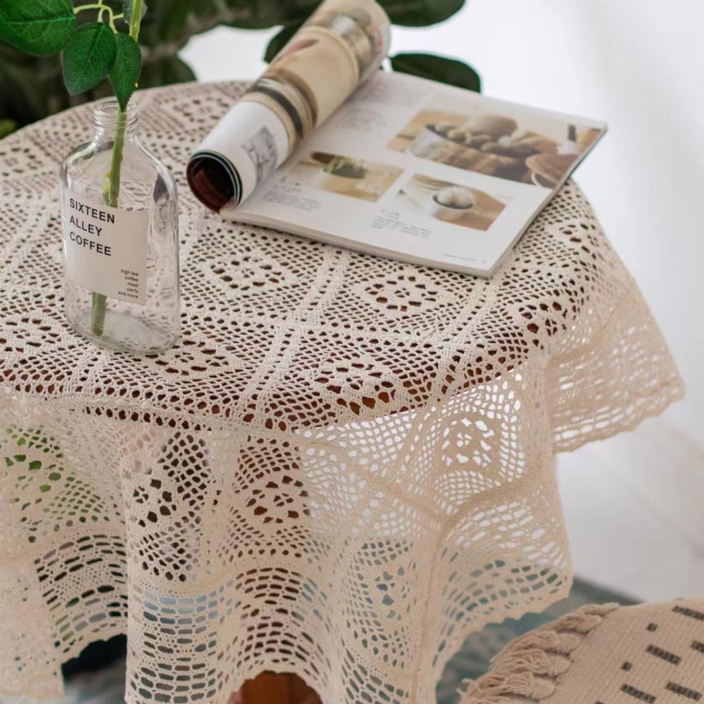 Round Tablecloth Imitation Crochet Forest Style Hollow Lace Coffee Table Cover with High Aesthetic Value Photo Background