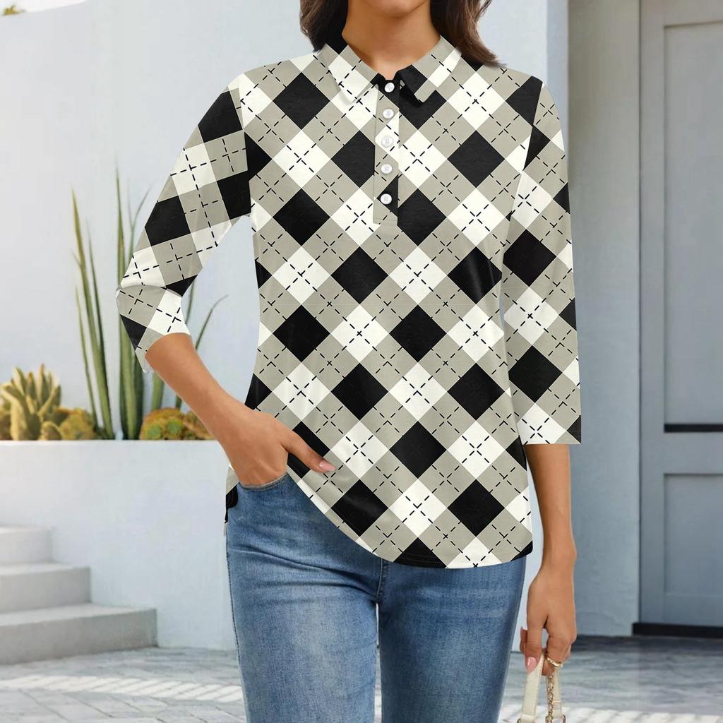 Dámská móda Ležérní klopa Krátký 3/4 rukáv Potisk Košile Dámské zapínací topy