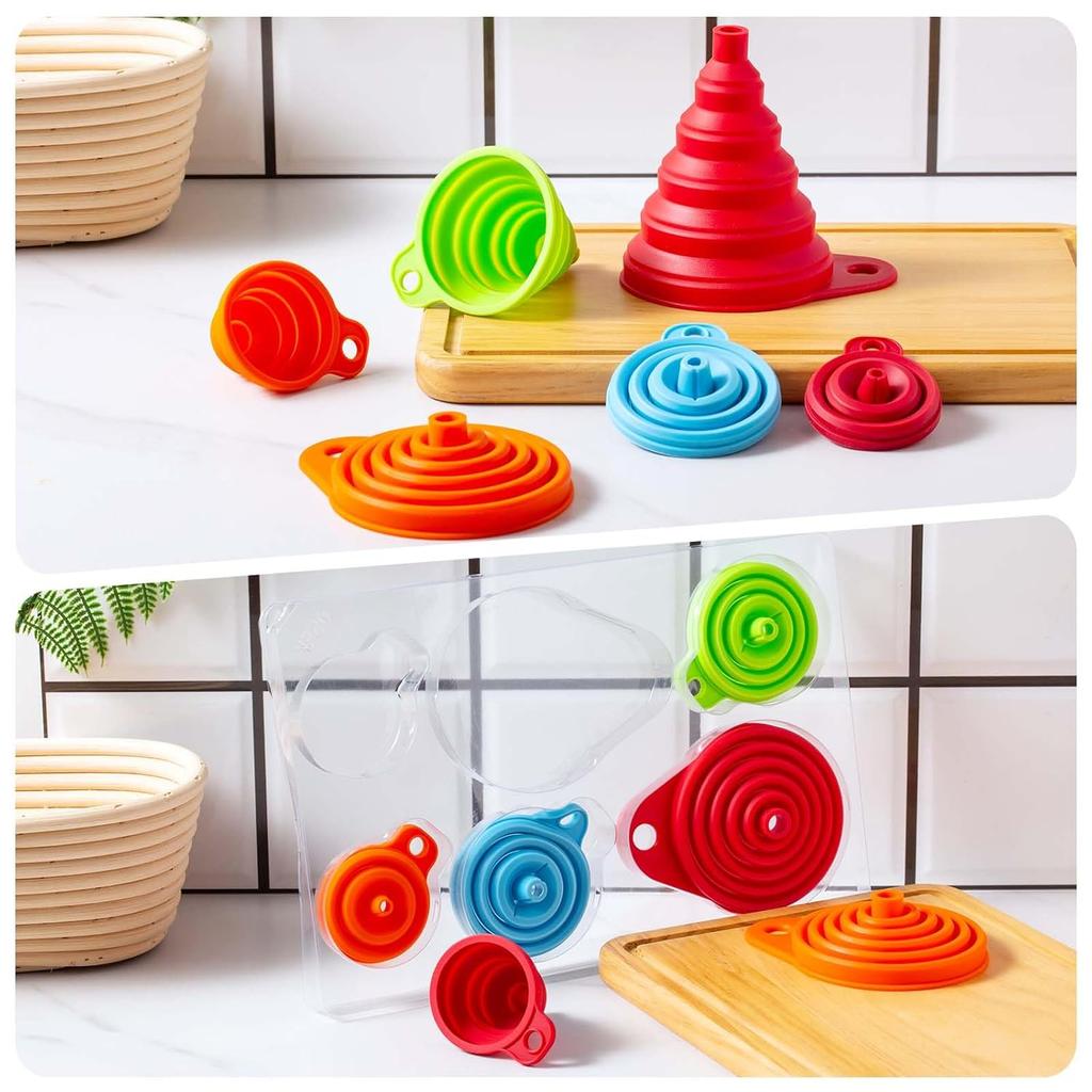 KALAVE Kitchen Funnel Set 6 Pack - Food Grade Silicone Collapsible Funnel, Funnels for Kitchen Use Filling Bottles, Daily Cooking, and Water or