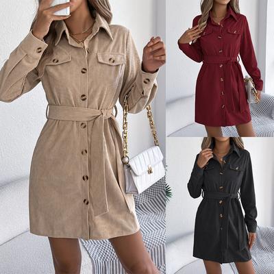 Autumn  Winter Women's Corduroy Dress Casual Solid Color Single-breasted Long Sleeve Corduroy Shirt Dress Mid-length Shirt Dress with Belt