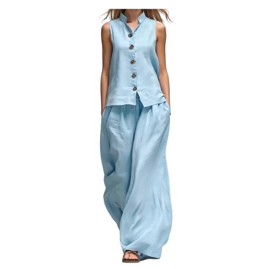 Conjuntos de 2 Peças Femininos Sem Mangas, Conjunto Combinando Casual com Top Regata de Botão e Calça Wide Leg, Roupas para Viagem, Férias e Lounge