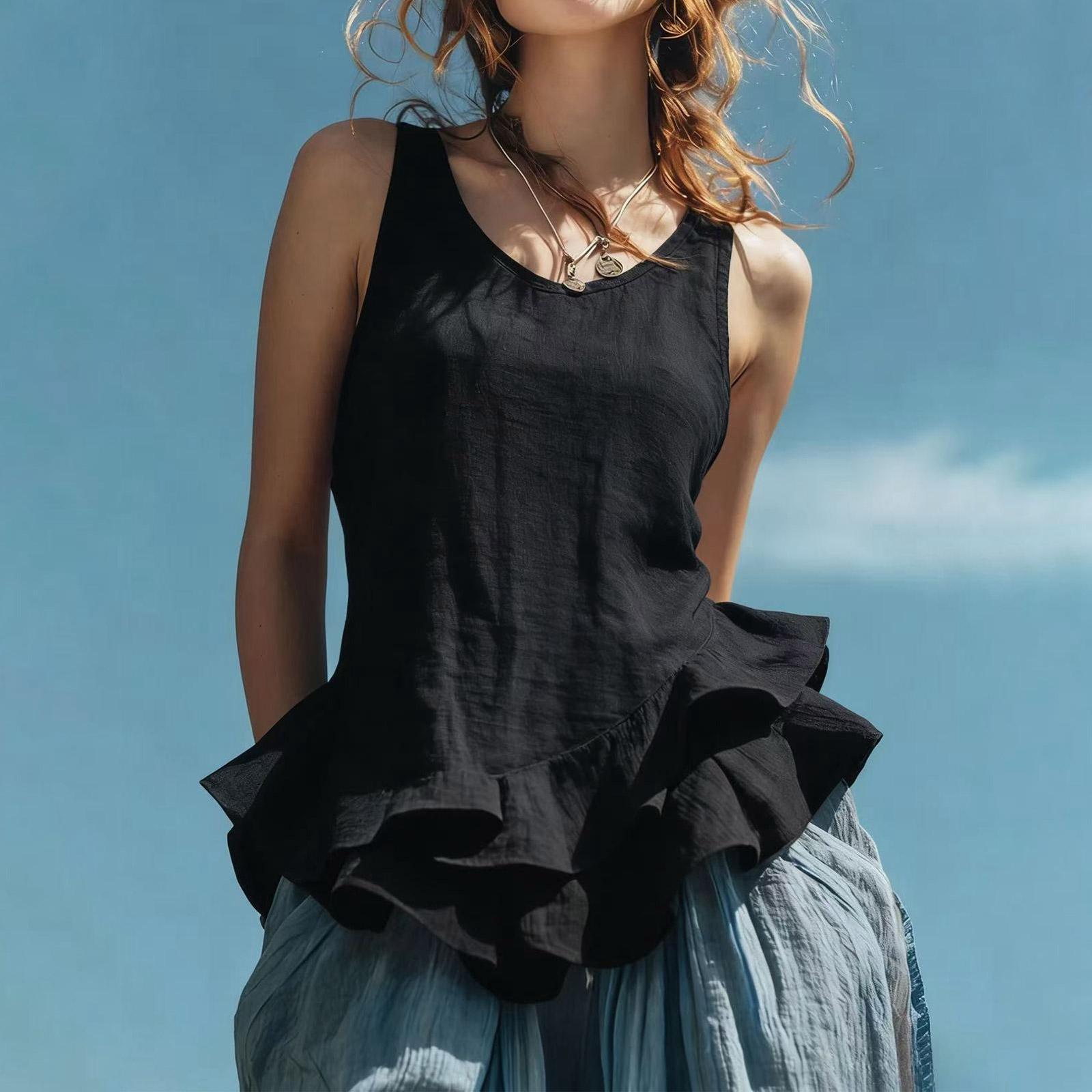 

Women Sleeveless Casual Peplum Hem Top Round Neck Relaxed Fit Ruffle Bottom Blouse Lightweight Tank Shirt for Daily Wear S чёрный