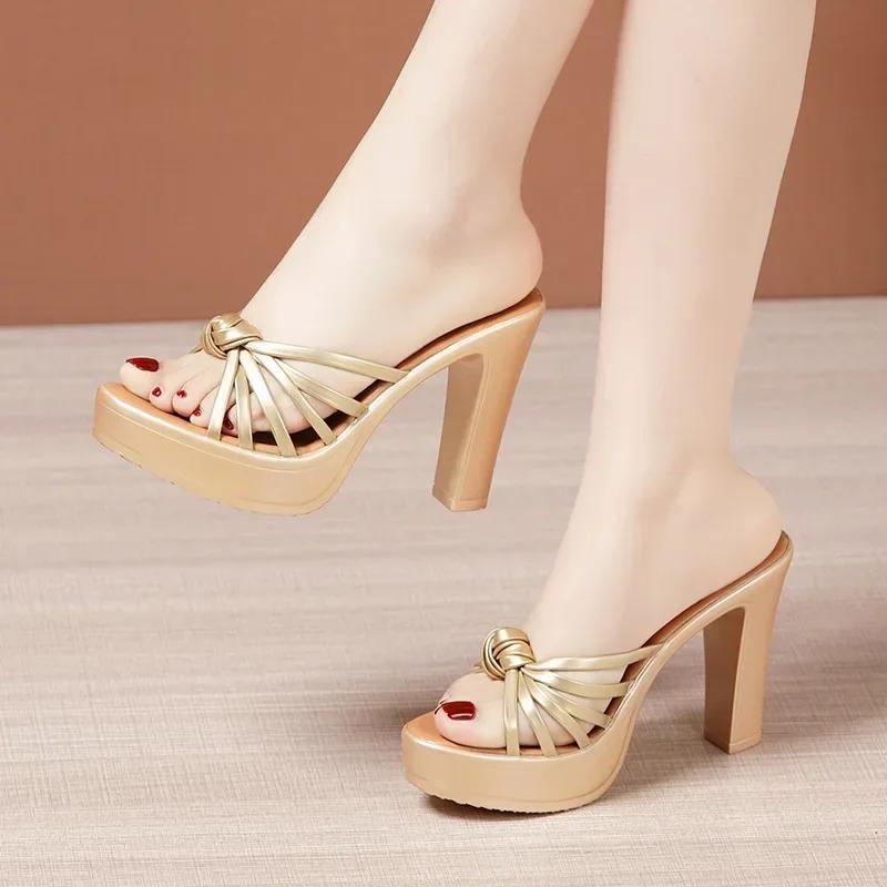 

10cm Small Big Size 32-43 Elegant Office Ladies Block High Heels Shoes Women Slippers 2025 Summer Thick Platform Slides Model 43 золотий
