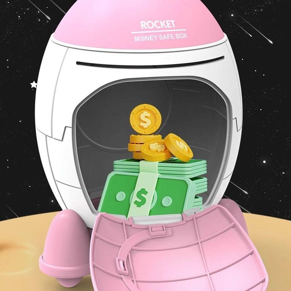 Children Piggy Bank Space Rocket Shape Plastic Money Box Toy Cartoon Sticker Cash Box Toys Safe Coin Holder for Kids Gifts