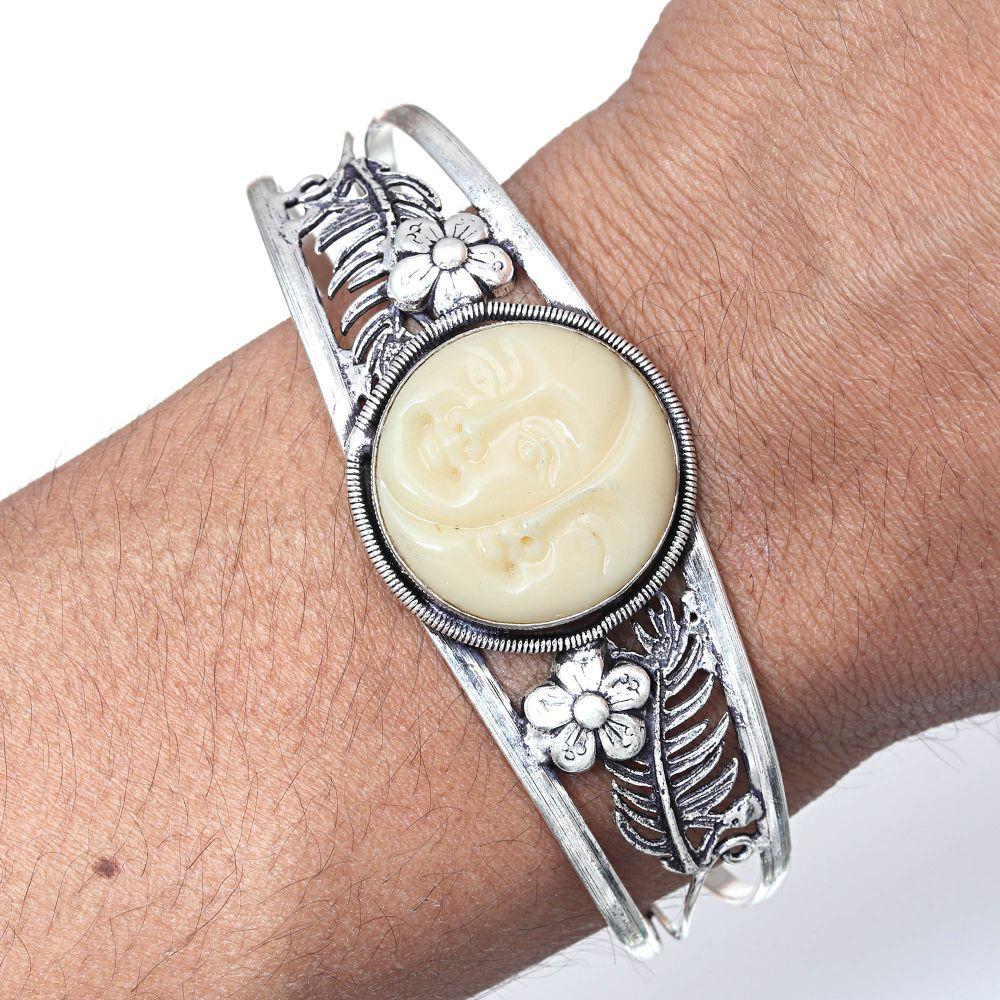 Brown Cameo Face Gemstone Ethnic Silver Jewelry Cuff Bracelets 7''Adjustable
