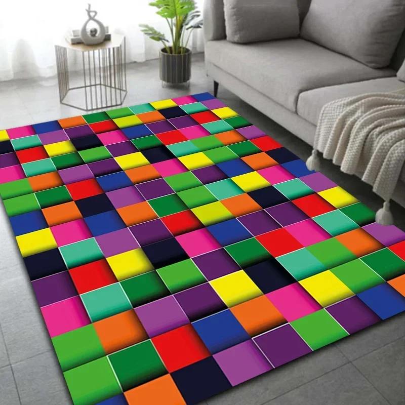 Bright Playful Multi-Color Block Area Rug - Premium Memory Foam Non-Slip Floor Mat for Living Room Bedroom Vibrant Home Decor