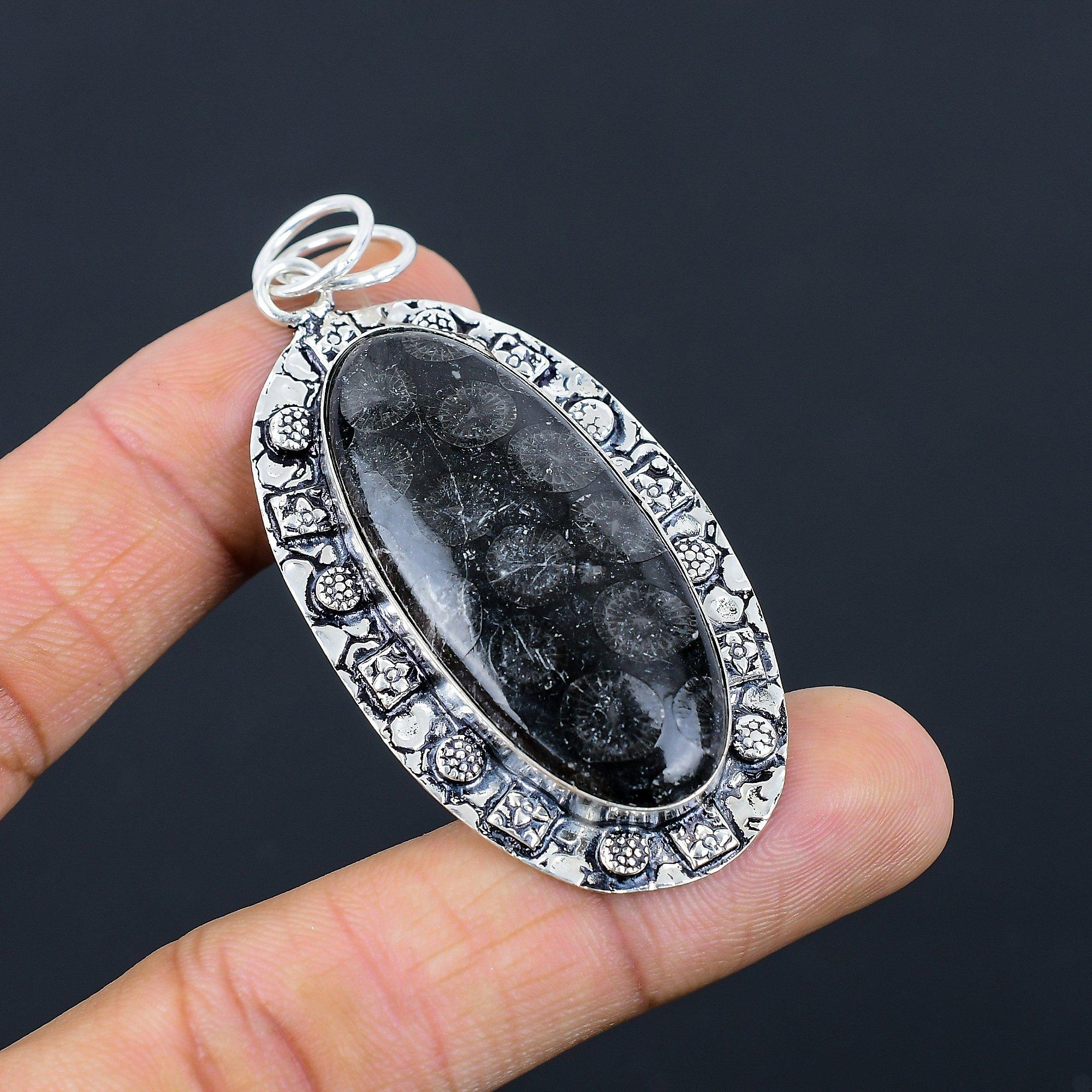Sisters Day Sale Sterling Silver Oval Black Fossil Coral Stone Mother Pendant