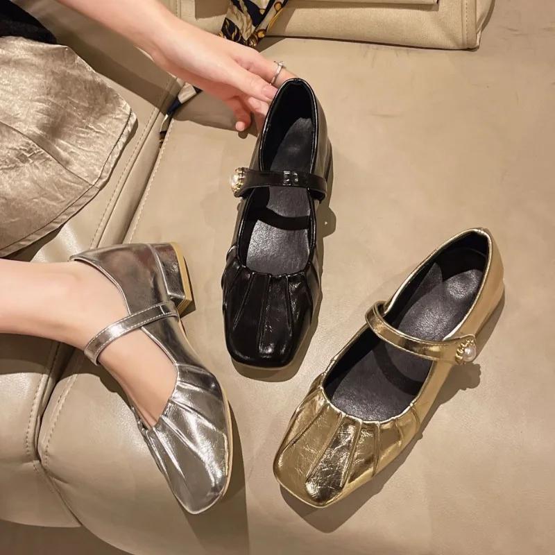 Mary Jane Shoes Glossy Leather Ballet Flats  Fashion Pleated Low Heel Single Shoes for Women Soft Sole Casual Shoes Size 44