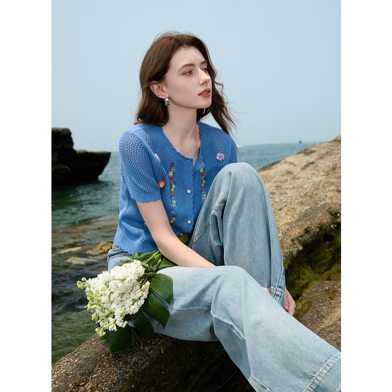 Sancai Women's 2025 Summer Hollow Floral Knit Short Sleeve Cardigan