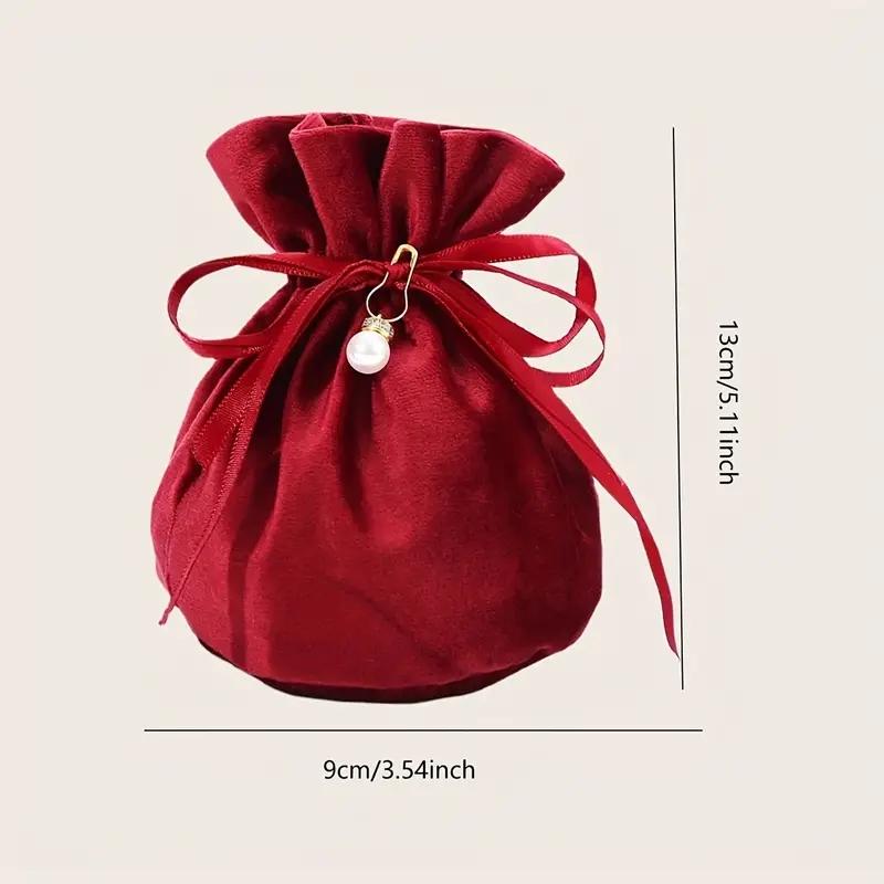 1 szt. Elegancki czerwony aksamitny woreczek na upominki ślubne z perłową zawieszką, zamykany na jedwabną wstążkę, woreczek na słodycze na upominki ślubne,