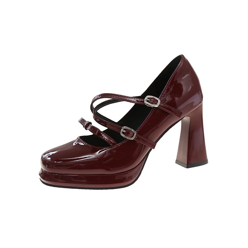 

Fashion Spring Chunky Single Shoes Women Fashion Square Head Shallow Mouth Butterfly Knot Metal Buckle Waterproof Platform Heels 39 вино красного
