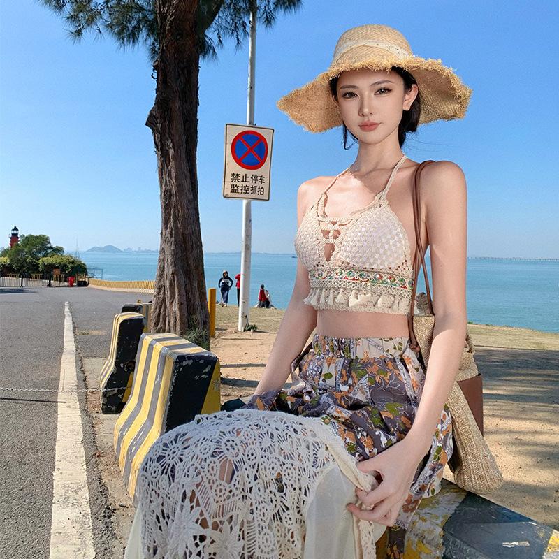 Seaside vacation suit, sexy bikini knitted suspenders + sunscreen cardigan + bohemian print wide-leg pants