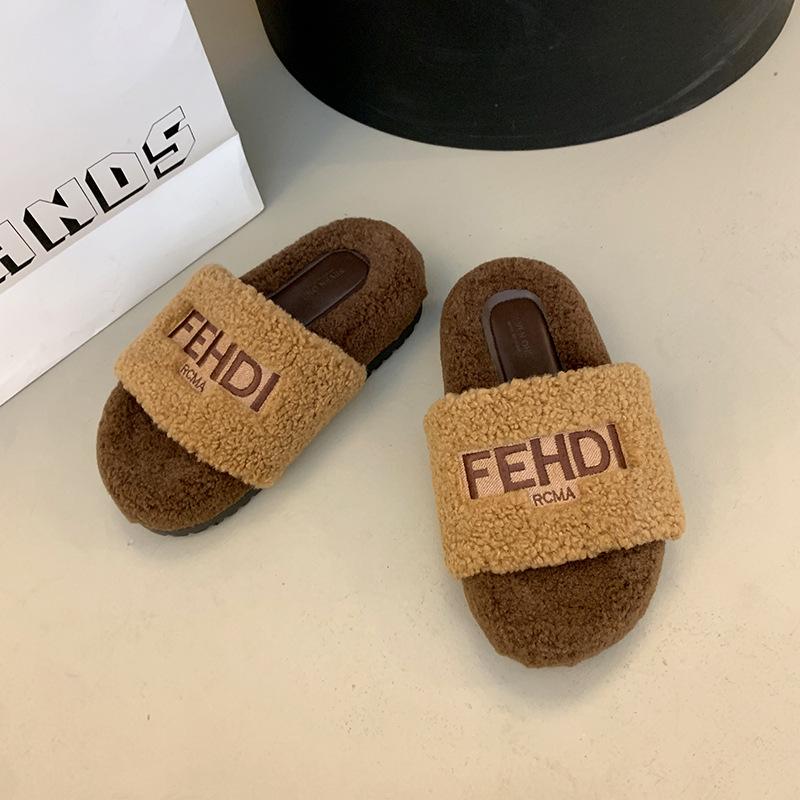 Retro Black Thick-soled Fluffy Slippers for Women's Outerwear 2025 Autumn and Winter New Fashion Letters Versatile One-word Cotton Slippers