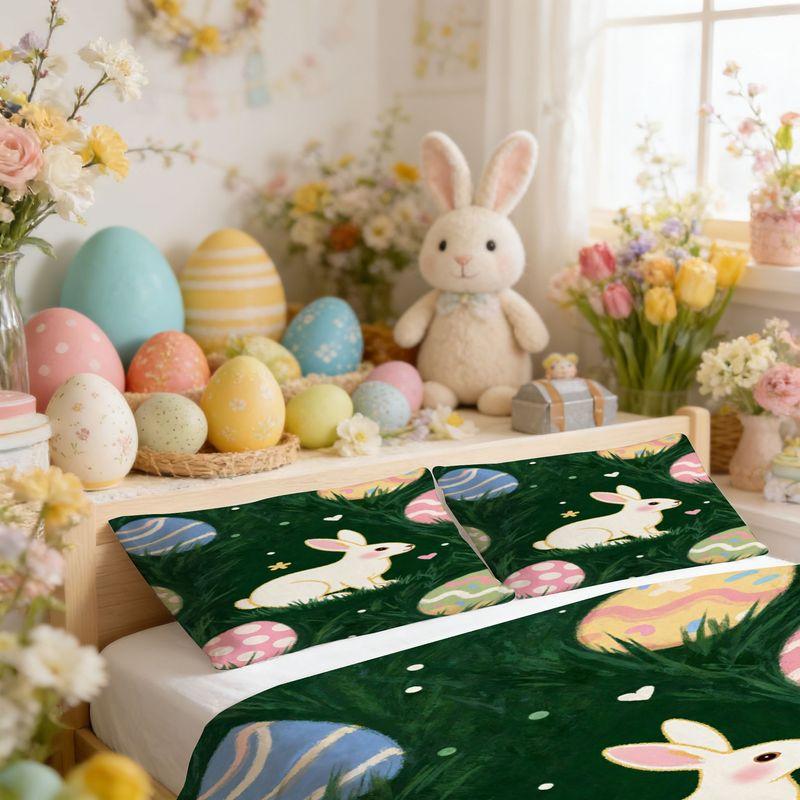 Bedding,Pillowcase,Quilt Cover 3-Piece Set,White Rabbit,Easter Egg Pattern,Easter Home Decoration