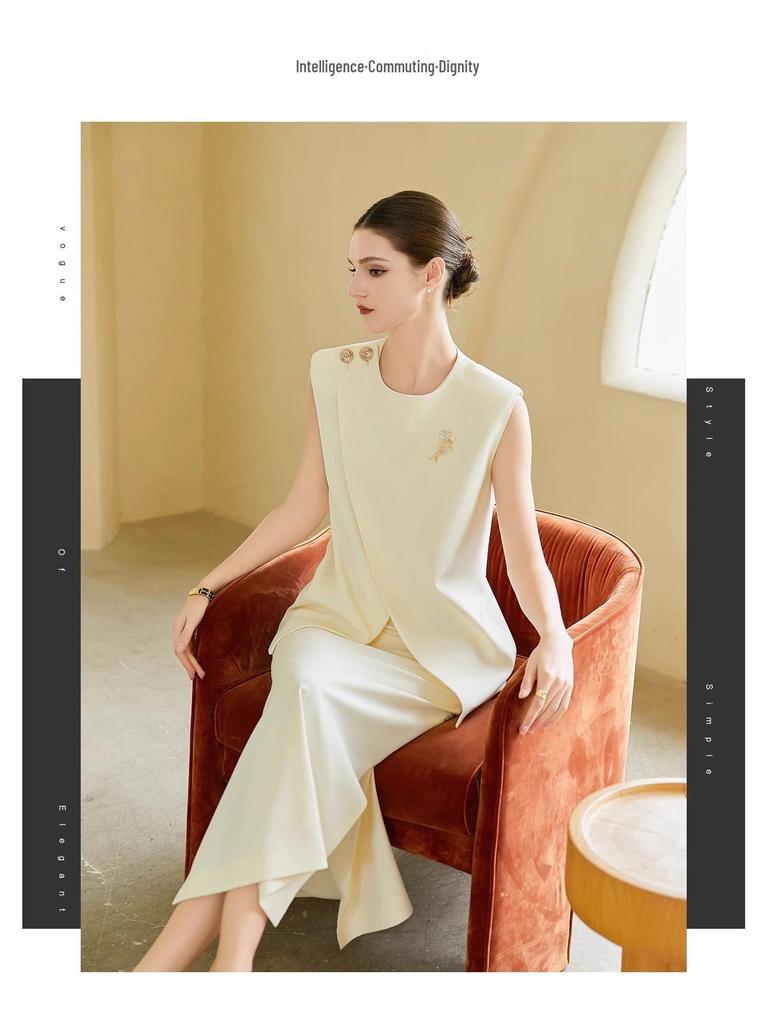 AD Helles Professionelles Zweiteiler-Set: Stilvoller ärmelloser Mantel und Rock für Damen