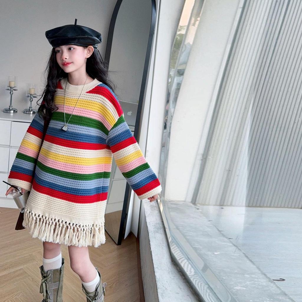Rainbow Striped Tassel Knit Sweater for Girls - Spring & Autumn Mid-Length Pullover