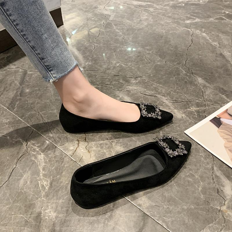 2025 Spring and Autumn New French Fashion  Pointed Suede Water Diamond Shallow Mouth Flat Flat Casual Women's Shoes