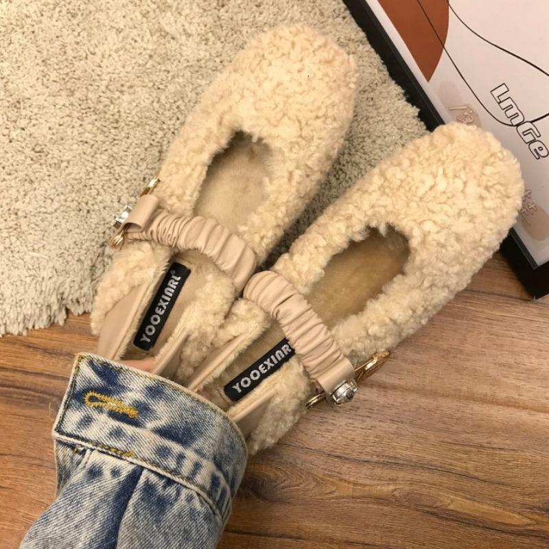 Women's Thick Heel Cotton Shoes Winter New Square Head Shallow Mouth Suede Crystal Buckle Non-slip Low-top Shoes