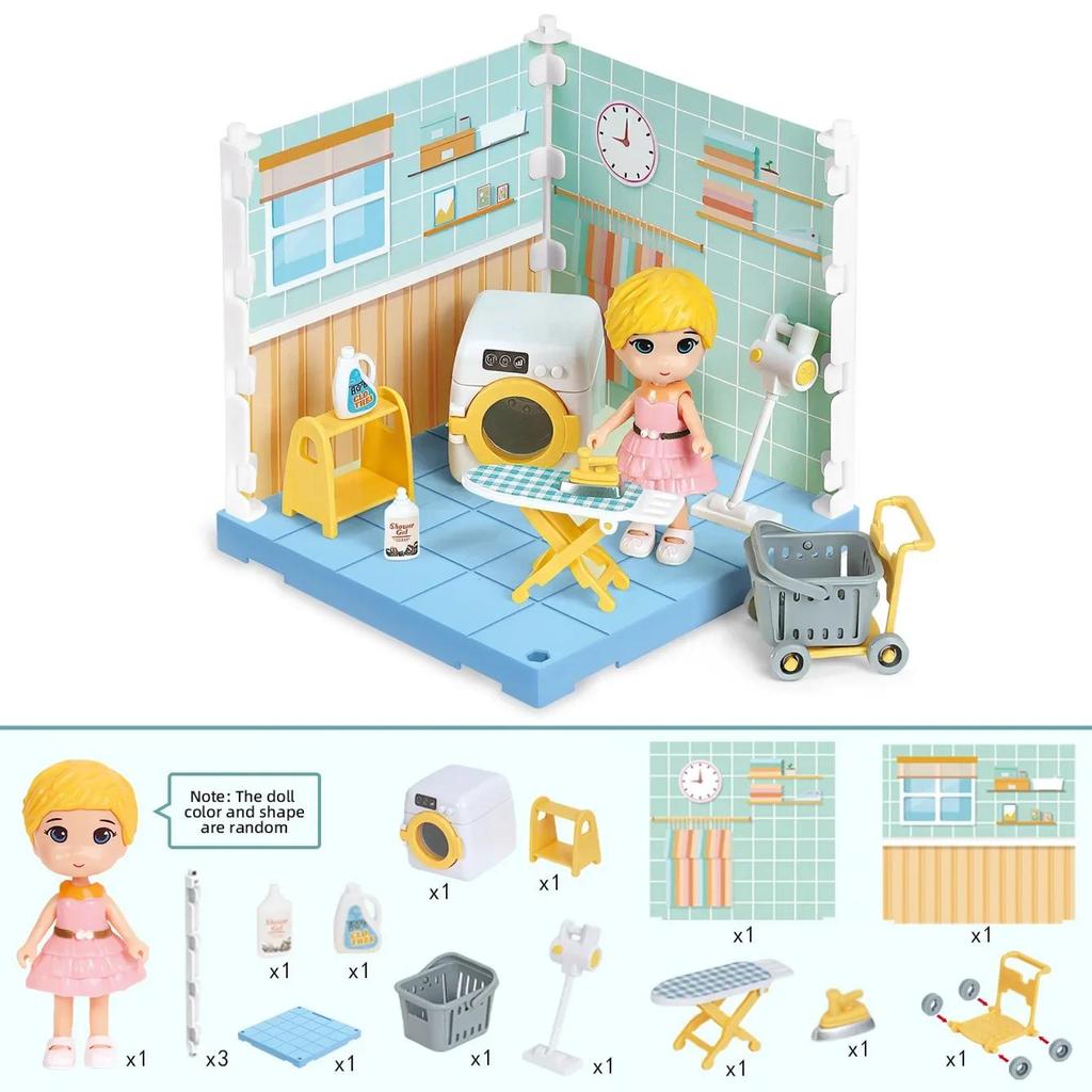 DIY Miniature Dollhouse Kit Furniture Set Mini Bathroom House Laundry Room Kitchen Room 3D Educational Pretend Play Toys