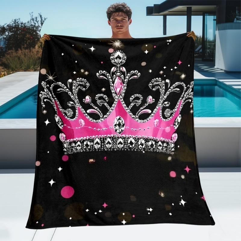 Pink Diamond Crown Star Flannel Throw Blanket, Personalized Soft Blanket for Girls Princess Bedroom Holiday Gift