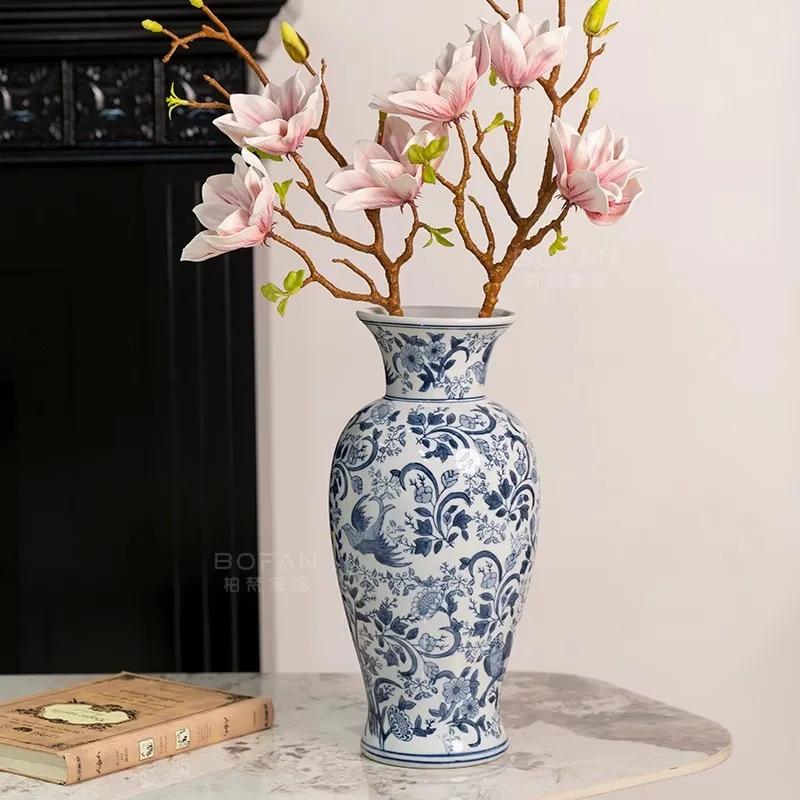 38.5cm/Chinese Ceramic Vase Decoration Living Room Entrance Flower Arrangement Decoration Home Antique Shelf Blue and White