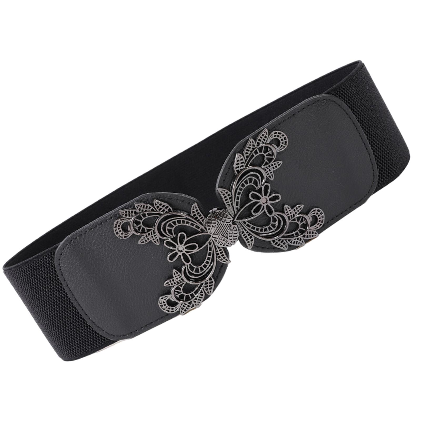 

Ladies Waist Belt Fashionable Flower Ornament Waist Decoration PU Leather Sash Elastic Waistband Waist Cincher чорний