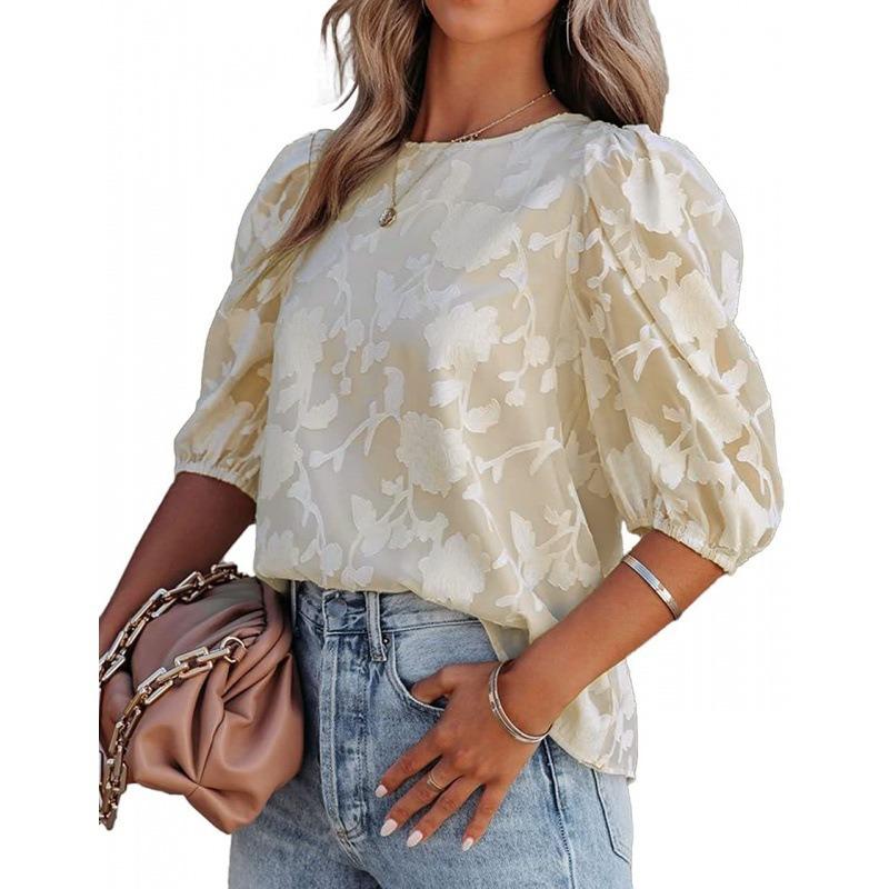 Frühling und Sommer Neues Damen Chiffon Hemd Florale Puffärmel Modisches Rundhals Lockeres Oberteil