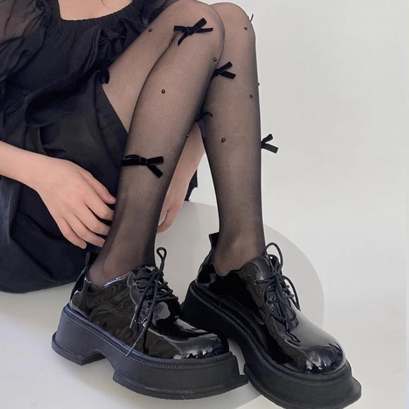 Sheer Tights for Women Lolitas Bows Pearls Pantyhose Control Top Thigh High Stockings Silk Thin Stockings Tights Hosiery