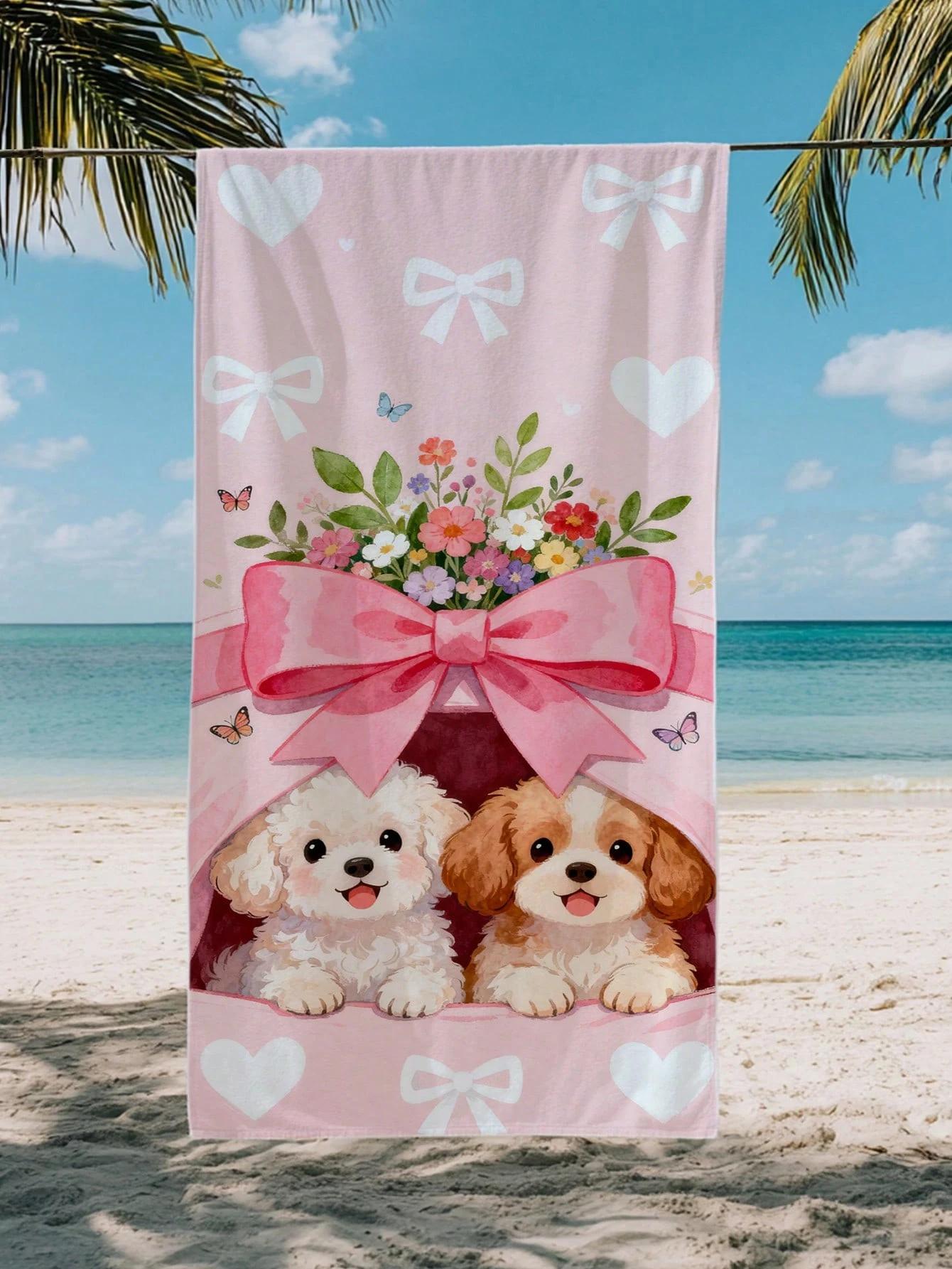 

Puppy Gift Box Beach Towel, Microfiber Quick Dry Large Size, Ideal for Poolside Play Bathroom, Aesthetic Dog Heart Print Towel W40*H60(CM)