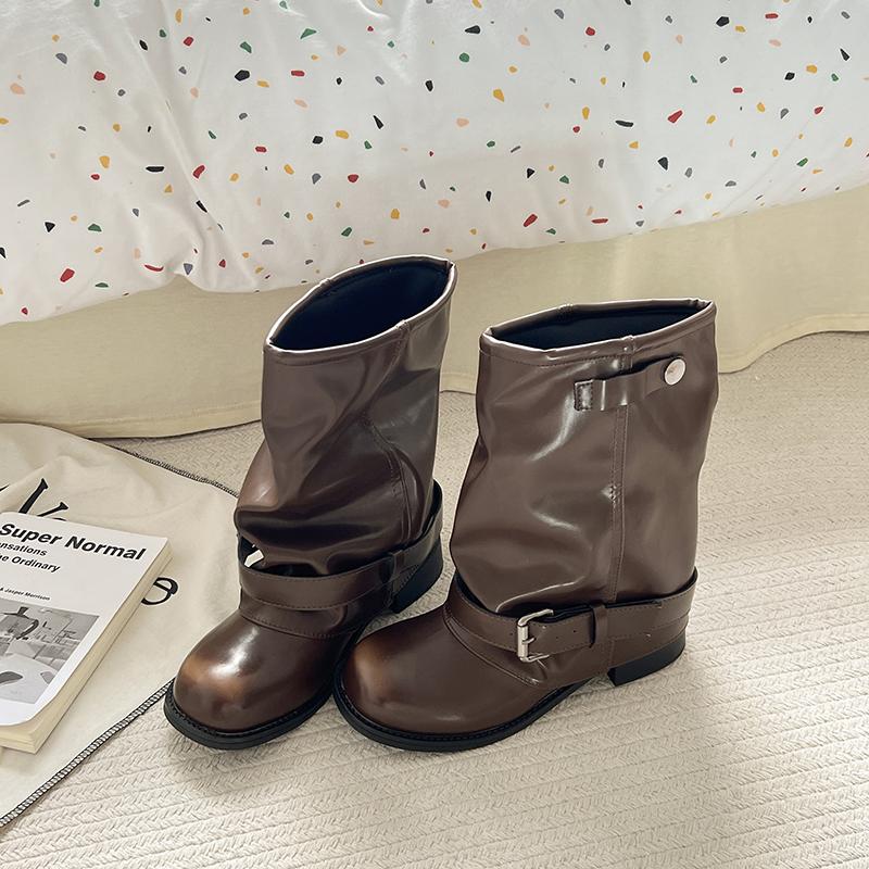 

Fashion Vintage Thick Heel Women Western Cowboy Boots Fashion Belt Buckle Slip On Shoes Ladies Pleated Short Booties Autumn Winter 35 коричневый