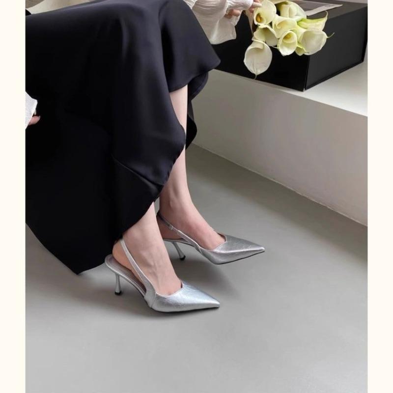 Fashion New Style Elegant High Heels Silver Pumps Women Summer Slingbacks Pointed Toe Party Shoes Woman Solid Thin Heeled Sandals Ladies
