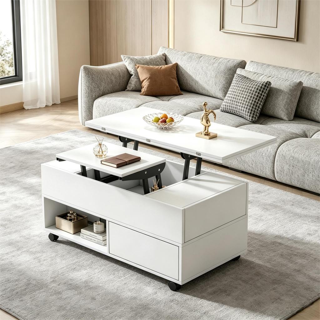 Coffee table, height-adjustable living room table, 3-in-1 multifunctional with casters, 4 drawers, convertible into dining table, white, 100x50x52cm