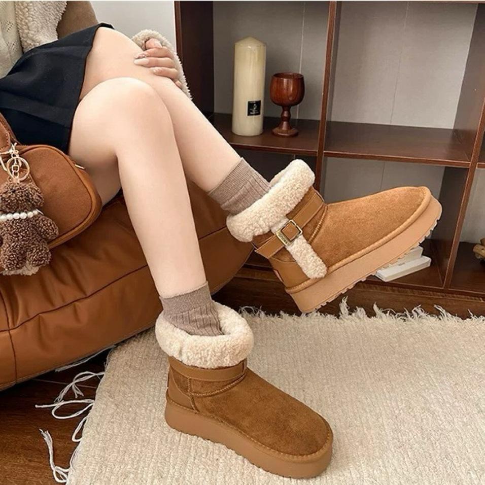 2025 Winter New High Tube Flip Curly Hair Mouth Belt Buckle Snow Boots Thick-soled Knight Boots Tide