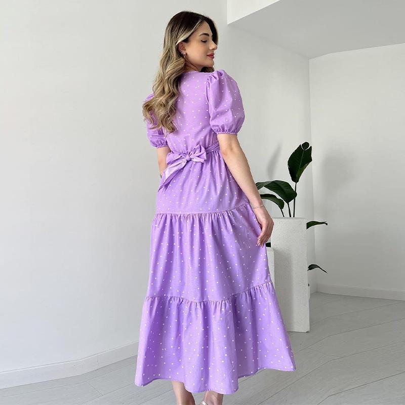 2024 Summer V-Neck High Waist Pleated Polka Dot Dress - European and American Style