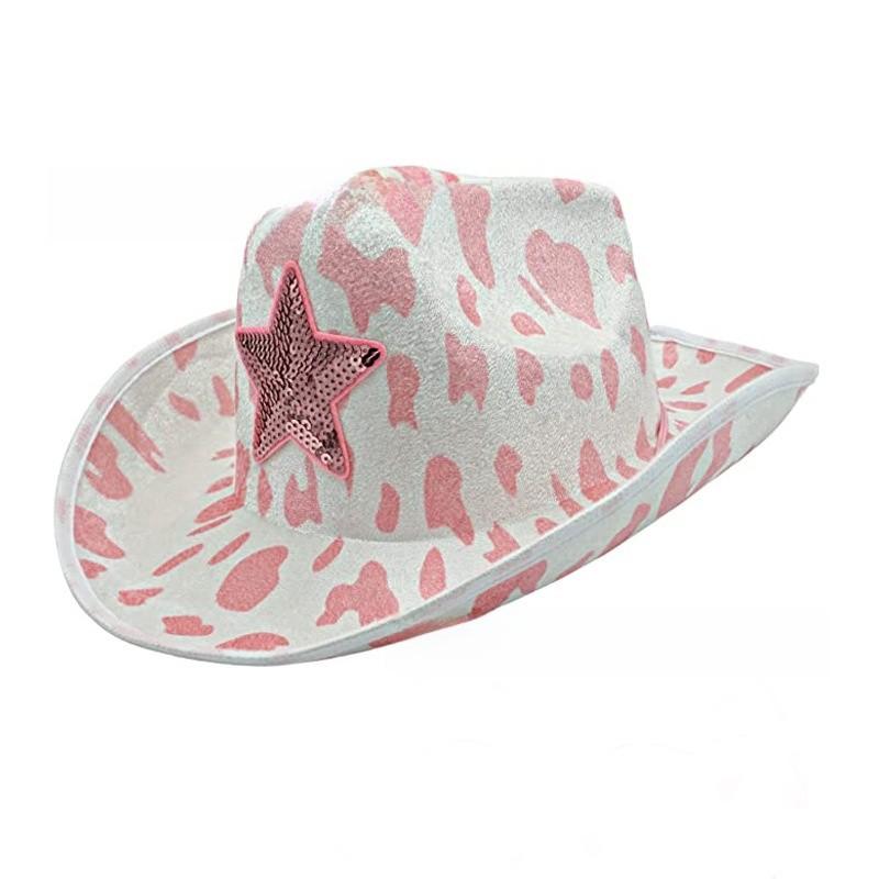 Rosa Stoff-Cowboyhut mit Sternverzierungen und leuchtender Krone für Partykleidung und Geschenke