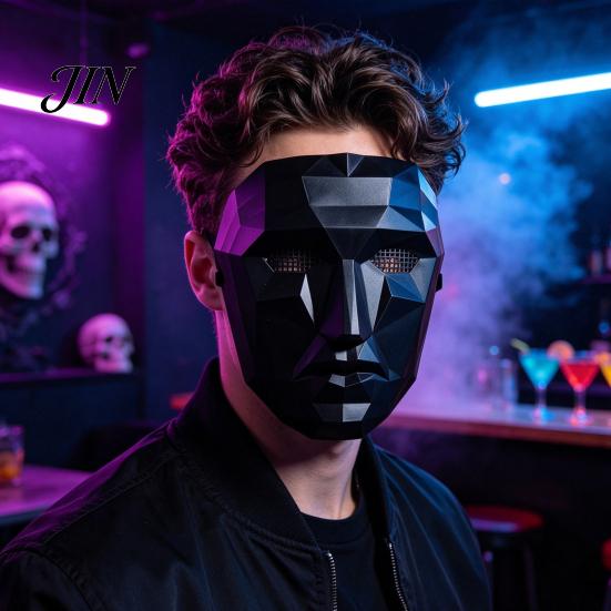 Unique Halloween Costume Mask Geometric Mask, Polygonal Cool Party with Mesh Eyes, Face Black White Cosplay for Masquerade, Accessory Stylish Angular