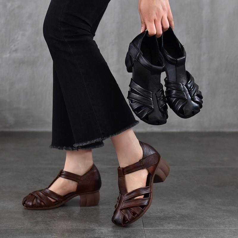 Johnature Genuine Leather Retro Round Toe Middle Heel Sandals Versatile Comfortable Thick Heel Women's Shoes