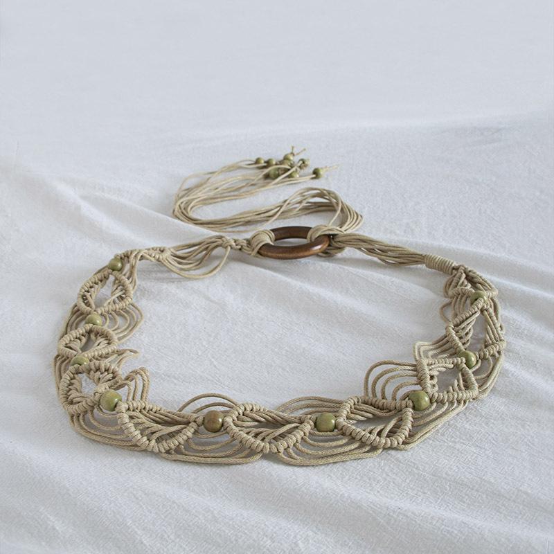 Boho Style Wax Rope Weaving Knotted Ethnic Style Handmade Wooden Beads Women's Belt Leisure Vacation Style Exquisite Waist Rope