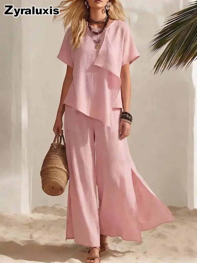 Women's Summer New Fashion Casual Irregular Short Sleeve Top with Wide Leg Pants