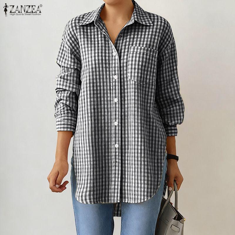 ZANZEA Women Casual Turn Down Collar Grid Print Loose Long Sleeve Blouse