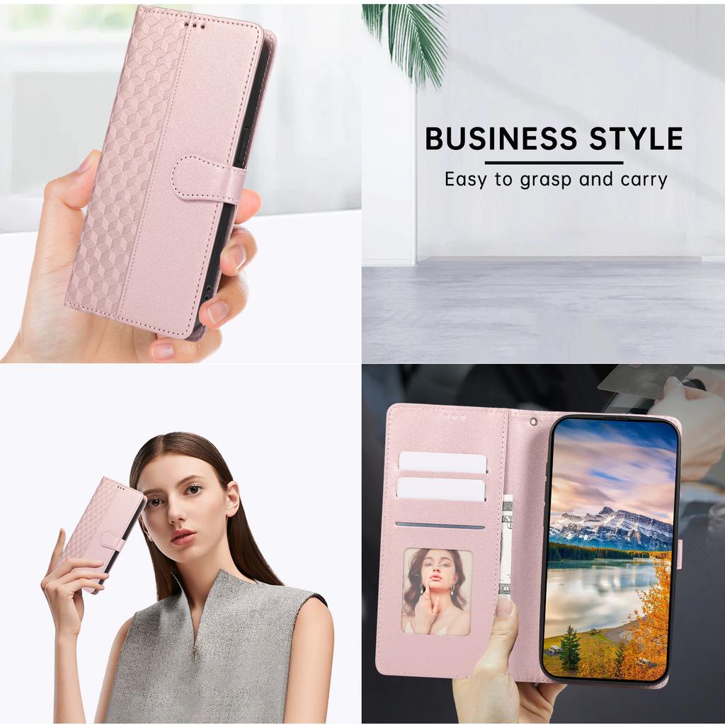 For Samsung Galaxy S25+/S24+ Case 3D Rhombus Grid Imprinted Wallet Leather Phone Cover with Lanyard