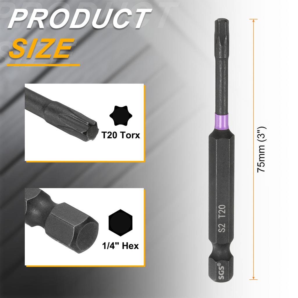 T7-T50 Torx Head Impact Screwdriver Bits 1/4" Hex Shank Magnetic No Hole Tamper Proof 6 Point Star Screw Driver Bits Power Tools