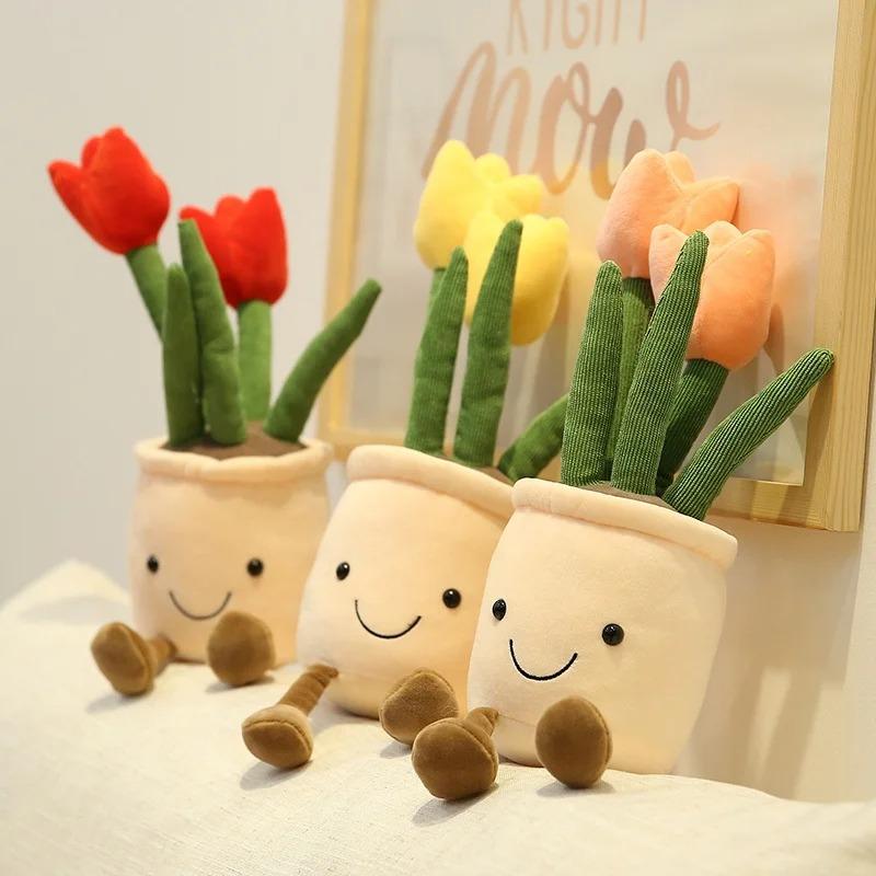 Lifelike Tulip Plant Plush Soft Plush Stuffed Toys Potted Flower Tulip Bookshelf Home Living Room Decor For Girl Gift