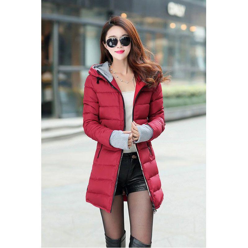 Premium Women Winter Jacket Solid Color Down Coat With Hooded Slim Long Design